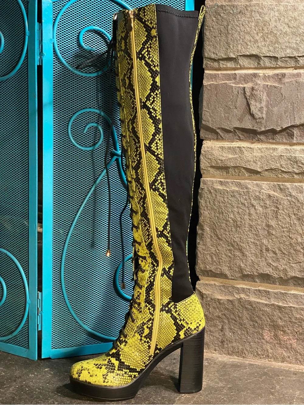 KILLSTAR Gothic Punk tall lace up boots,black/neon green snakeskin platform heel